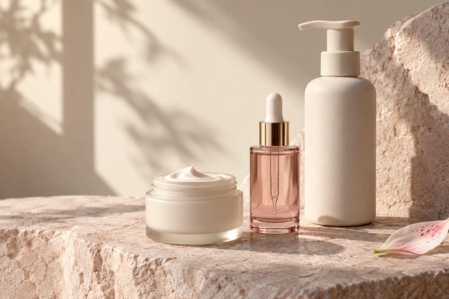 Composição ilustrativa de produtos para corpo, cabelo e skincare